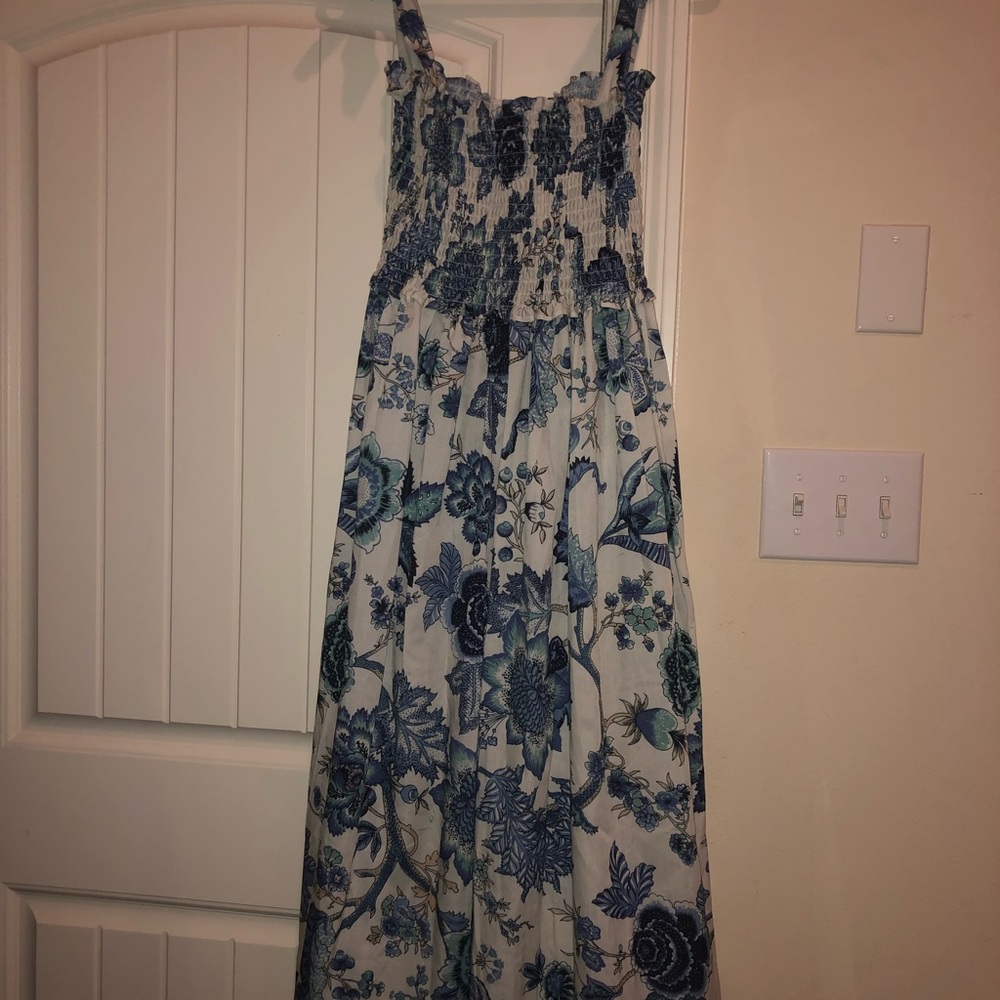 Blue and white floral smocked maxi dress